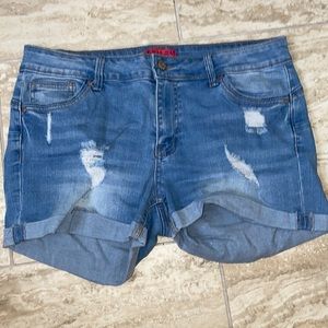 Light blue denim destroyed shorts